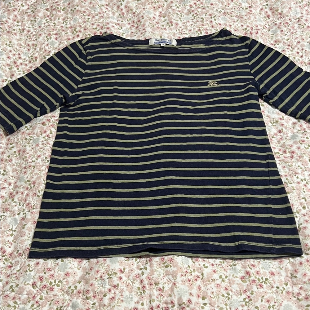 Burberry Blue Label Navy and Olive Striped Boatneck Tee